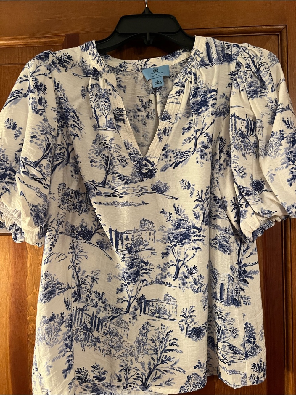 CeCe White and Blue Toile V-Neck Puff Sleeve Blouse